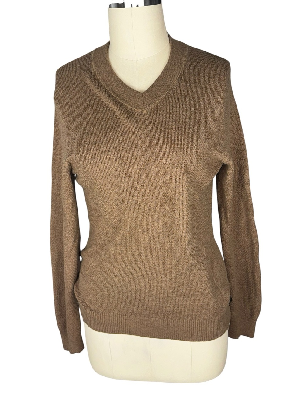 Tasso Elba Cotton Cashmere V-Neck Sweater Faux Suede Elbow Patches Brown M